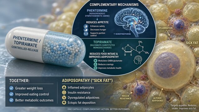 Combination obesity treatment capsule featuring a scientific inset explaining complementary pathways where phentermine and topiramate synergistically reduce food intake and fat tissue pathology