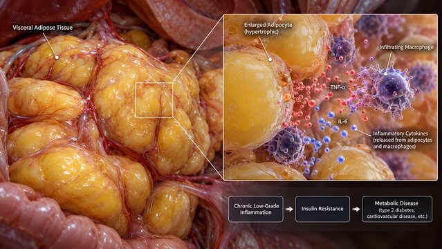 Pathological visceral fat tissue sample featuring a cellular inset highlighting low-grade chronic inflammation, macrophage infiltration, and cytokine secretion driving insulin resistance