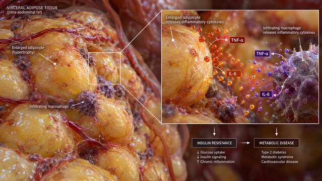 Visceral adipose tissue biopsy with a microscopic inset depicting the active release of inflammatory cytokines like tnf-alpha and il-6 from enlarged fat cells and macrophages