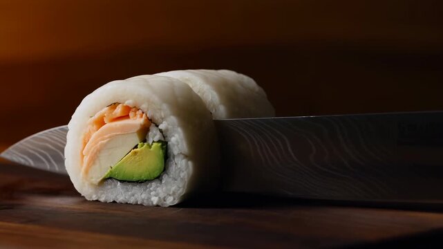Patterned kitchen knife slices downward through sushi roll filled with salmon and avocado on dark wooden board, moving behind front piece under warm directional light