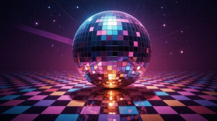 Obraz premium Disco ball glowing on a colorful checkered dance floor in space