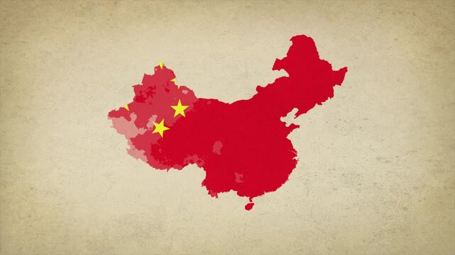 Animated Appearing CHINA Map Filled with Flag Isolated on Vintage Background
