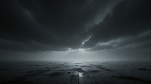Grim sky above flooded, decaying wooden dock