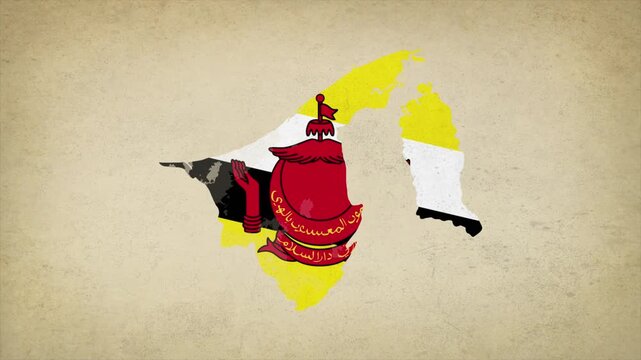 Animated Appearing Brunei Darussalam Map Filled with Flag Isolated on Vintage Background