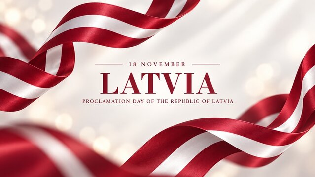 Latvia proclamation day 18 november graphic background, latvian independence day ribbon banner with bokeh lights and text copy space