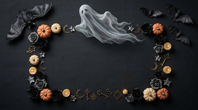 Halloween-themed pumpkin and autumn leaf arrangement with ghost silhouette in dark studio setting