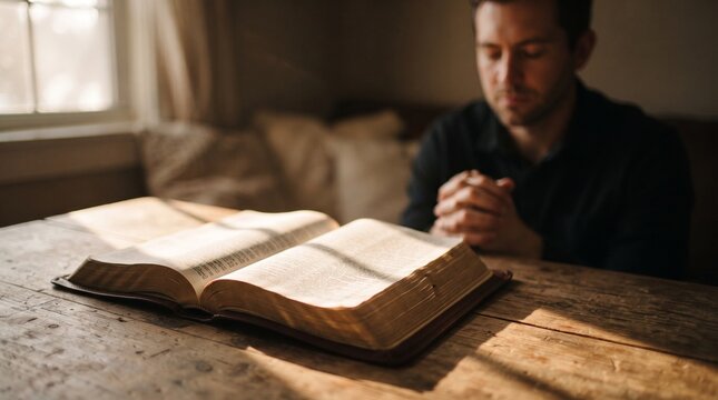Man praying with open bible on a rustic wooden table in sunlight