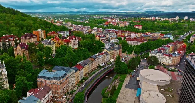 Aerial view of a beautiful forest city featuring incredibly fairytale, like architecture and thermal springs with healing water, Karlovy Vary, Czech Republic