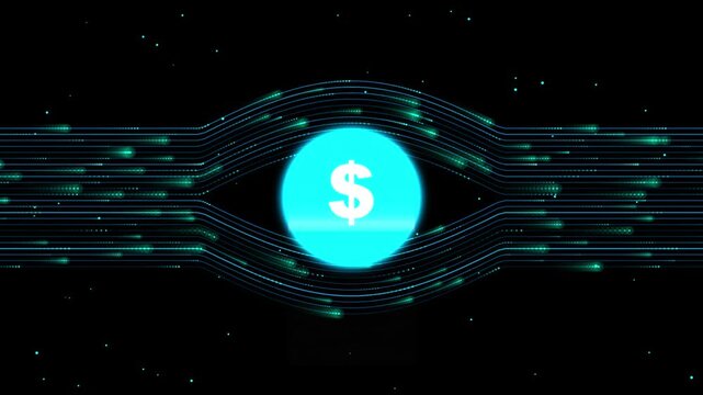 Digital currency and surveillance stock video footage. Glowing dollar eye symbol loop