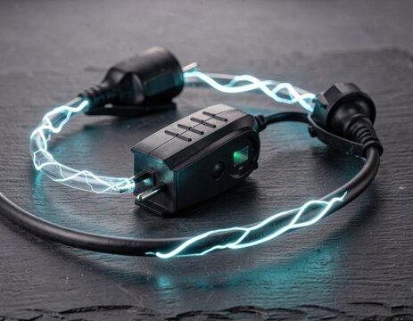 Electric car charging cable glowing with blue energy sparks