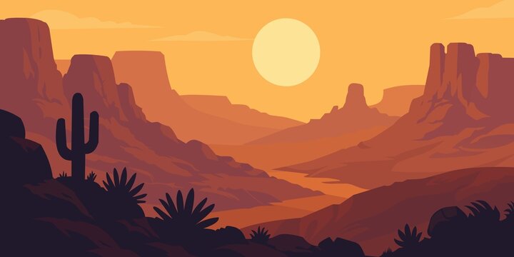Flat vector illustration of desert canyon landscape with cactus silhouette and glowing sun