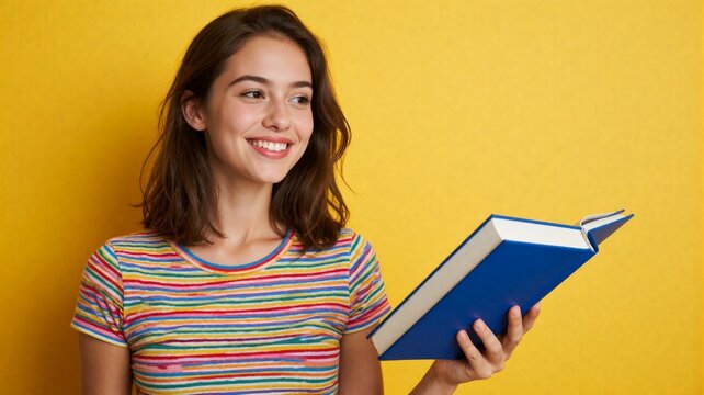 Smiling Young Woman Reading Blue Book Against Yellow Background
