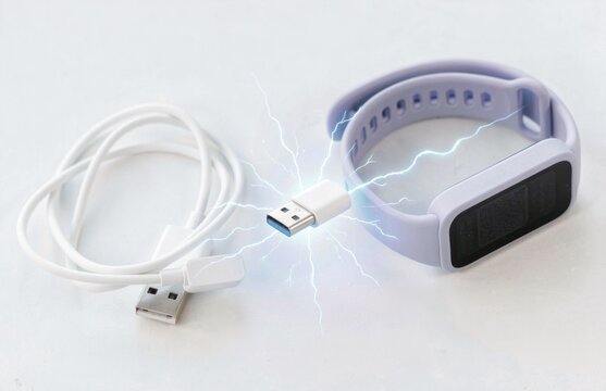 Smart fitness tracker charging with a white cable
