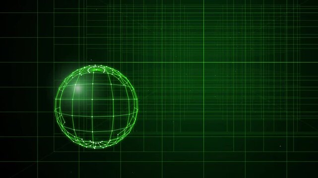 Digital globe video footage. Green wireframe sphere on tech grid background