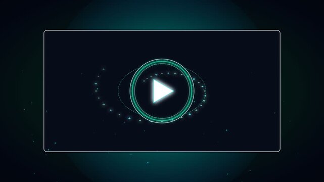 Futuristic digital interface with play button symbol and glowing neon circles in cyberspace