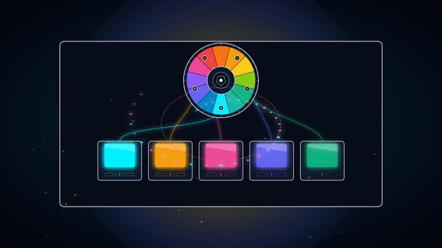 Colorful circular color wheel diagram connected to glowing digital screens on dark background