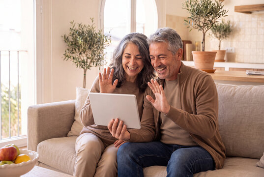 Senior couple video calling with tablet at home