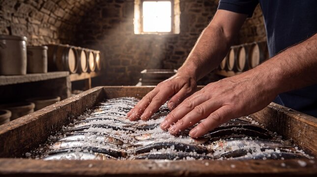 Hands Salting Fish In Wooden Tray Cellar