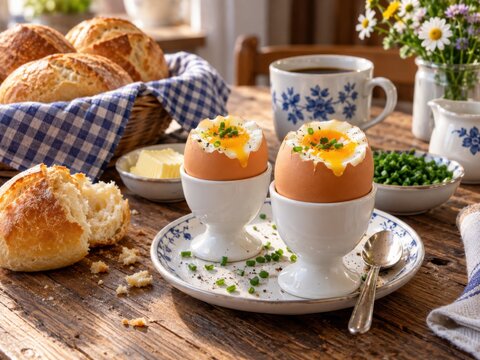 Deutsches Fr&uuml;hst&uuml;ck mit weich gekochten Eiern, frischen Br&ouml;tchen, Butter, Schnittlauch und Kaffee auf rustikalem Holztisch &ndash; traditionell, gem&uuml;tlich und appetitlich serviert.
