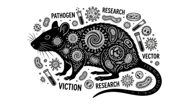 Stylized rat illustration with medical research science labels