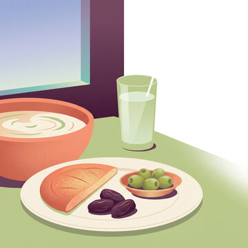 Suhoor meal with bread, olives, dates, and a drink on a table  