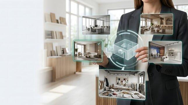 Businesswoman navigating modern office spaces with digital interfaces and data visualization