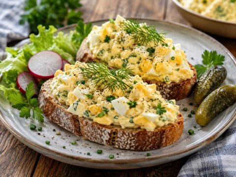 Hausgemachter Eiersalat mit Kr&auml;utern und Dill auf rustikalem Bauernbrot, serviert mit Radieschen, Salat und Gew&uuml;rzgurken &ndash; deftige deutsche Brotzeit zum Fr&uuml;hst&uuml;ck.