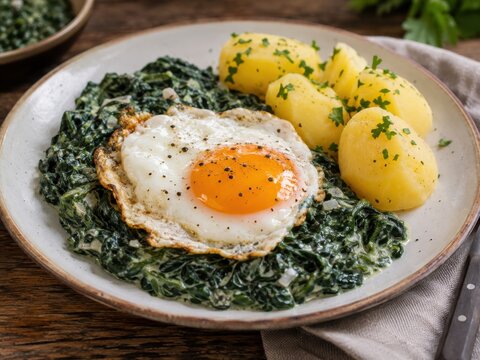 Spiegelei auf cremigem Rahmspinat mit Salzkartoffeln und Petersilie &ndash; ein traditionelles deutsches Alltagsgericht, vegetarisch, herzhaft und wie bei Gro&szlig;mutter serviert.