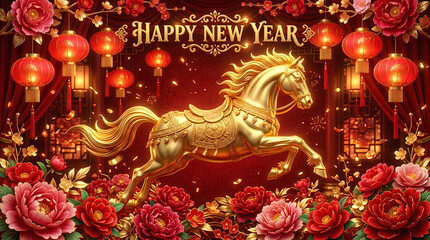 Fototapeta premium A golden horse statue surrounded by red flowers and lanterns for chinese new year celebration