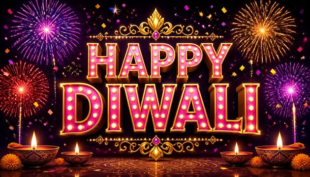 3D Vector Typography of Happy Diwali with Fireworks, Diwali Celebrations.