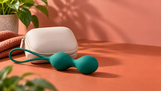 Pelvic floor exercise weights and a compact storage case rest on a coral surface, presenting intimate fitness equipment for Kegel training, muscle strengthening, wellness routines, and personal care.