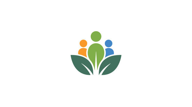 Eco friendly community concept logo design with abstract people figures and green leaves.