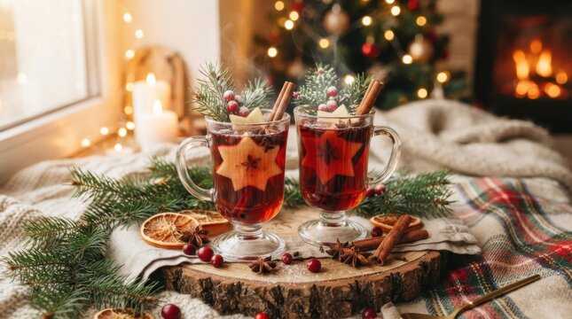 Cozy Christmas mulled wine with star apple slices and cinnamon sticks