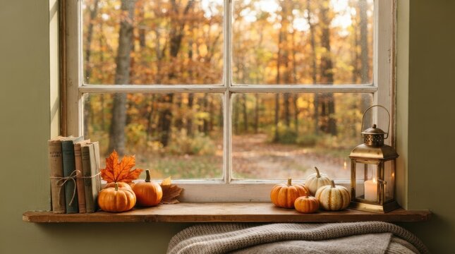 Cozy autumn scene with pumpkins and books by a window overlooking fall foliage