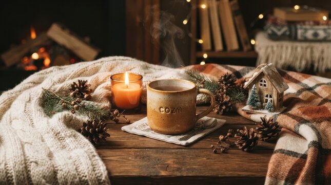 Warm mug of tea by fireplace with candle and cozy blanket on wooden table