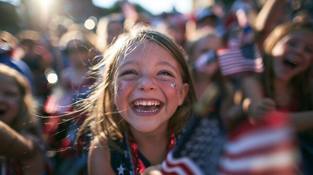 Joyful Little Girl Celebrating Independence Day in Crowd