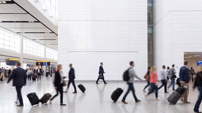 Travelers with Luggage Walking in Modern Airport Terminal