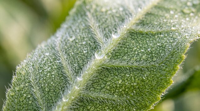 Dewdrops on Fresh Green Leaf in Morning Light