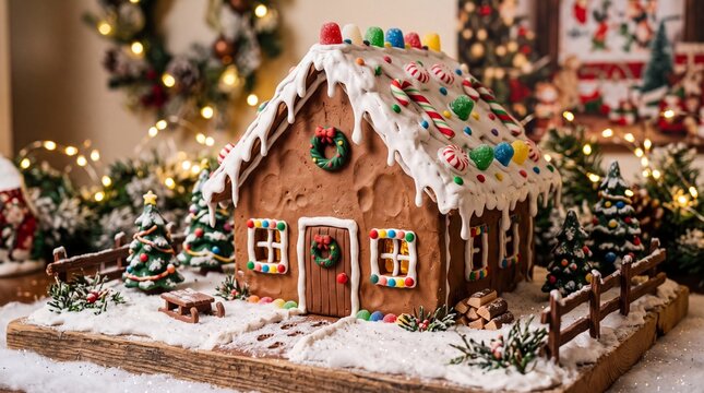 Decorated Christmas Gingerbread House with Candies and Icing