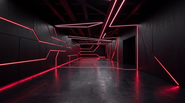 Futuristic Sci-Fi Corridor with Red Neon Glowing Lights