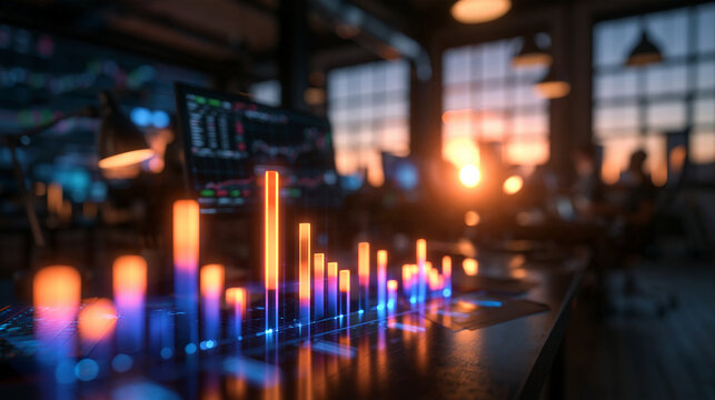 Glowing Financial Bar Chart on Office Desk at Sunset