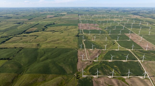 Aerial View of Large Wind Turbine Farm in Countryside
