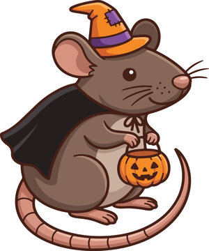 Cute cartoon mouse wearing a witch hat and cape holding a pumpkin for halloween