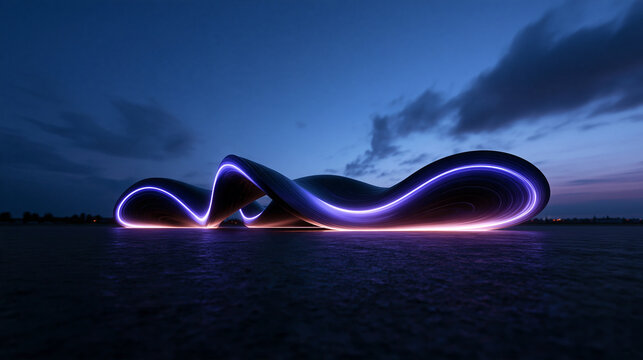 Futuristic Wave Architecture Pavilion with Neon Lights at Dusk