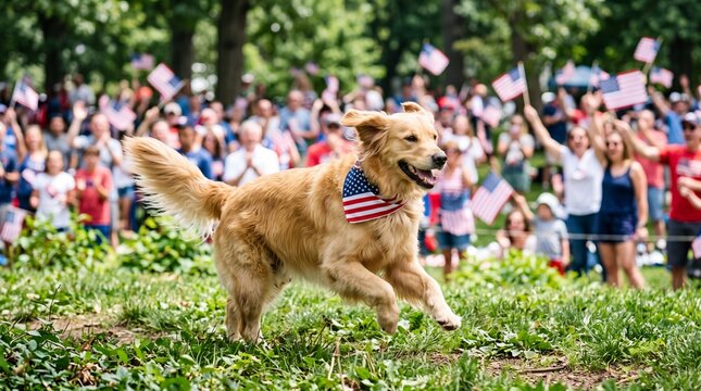 Happy Golden Retriever Running at Fourth of July Parade