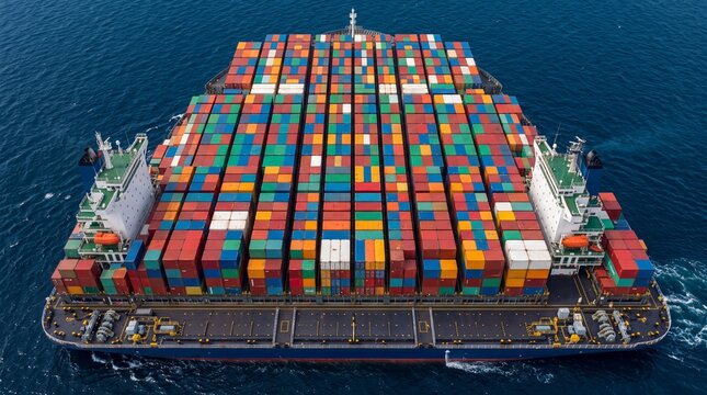 Massive Cargo Ship Transporting Containers in Ocean