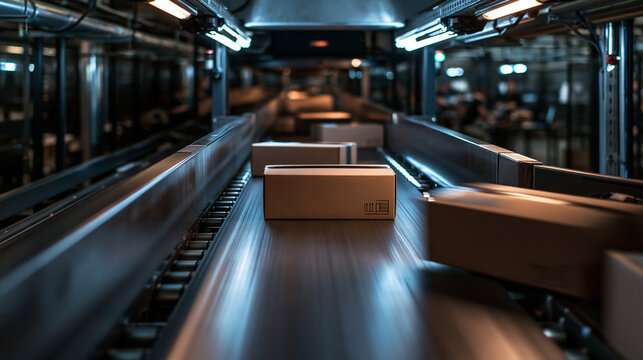 Cardboard Boxes Moving on Automated Conveyor Belt in Warehouse