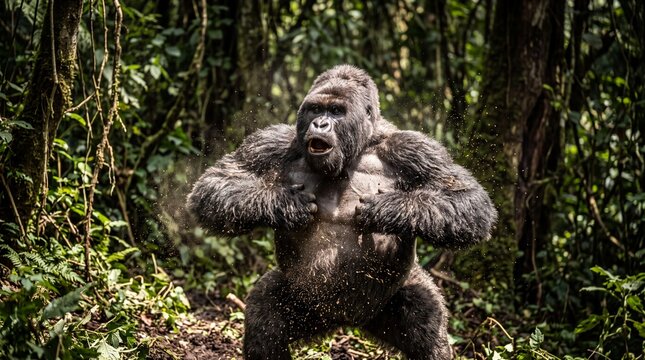 Silverback Gorilla Beating Chest in Tropical Rainforest