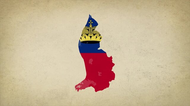 Animated Appearing LIECHTENSTEIN Map Filled with Flag Isolated on Vintage Background