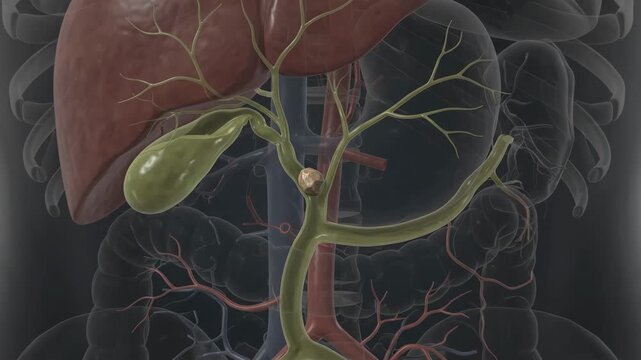 Gallstone causing biliary obstruction in gallbladder and bile duct anatomy for healthcare education